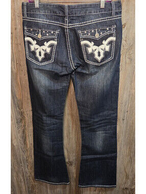 Ranch Royalty Denim Blue Jeans Size 13 (32x34) Boot Cut Leather Embellish Pocket